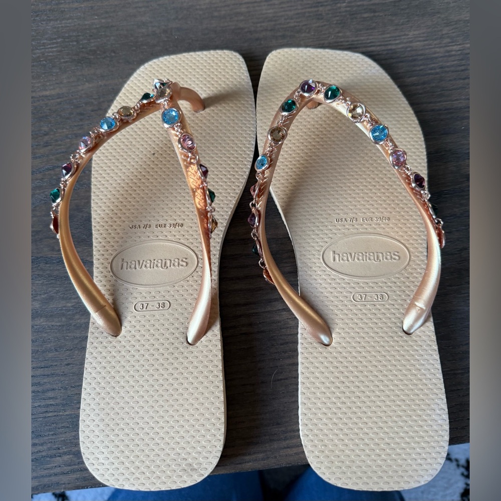 Havaianas Women's Sandals - Gold with Multicolor Embellishments